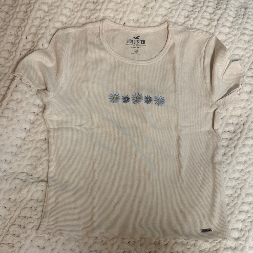 Hollister Cream Tee with Blue Floral Design
